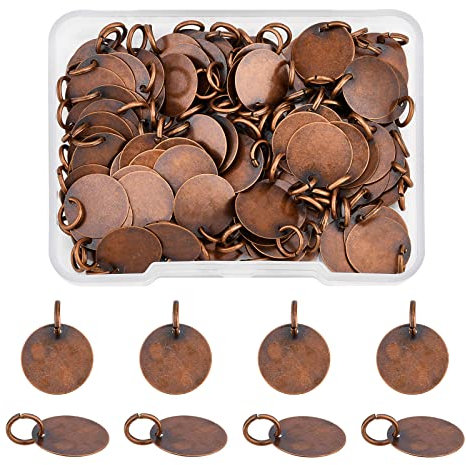 SUPERFINDINGS 100 Stück Messing Stempel Anhänger 12mm Flach Rund Metallstempel Anhänger Rotkupfer Rohlinge Anhänger Für Armband Halskette Schmuck Basteln Bohrung: 4mm