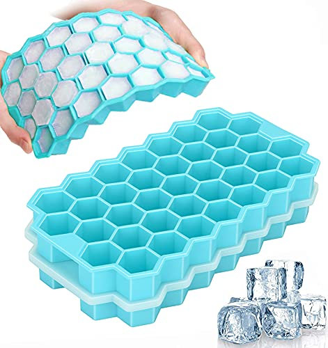 Ice Cube Trays, 2 Pack Silicone Flexible Ice Cube Trays with Lid, 74 Cubes Ice Trays for Chilled Drinks, Whiskey & Cocktails, Stackable Flexible Safe Ice Cube Trays