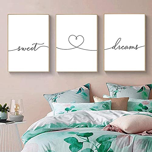 HMXQLW Leinwandbilder Schwarz Weiß Sweet Dream Bilder, Text Zitate Wohnzimmer Wandkunst Poster, Schlafzimmer Wohnzimmer Wandbilder Malerei Dekoration 3er Kein Rahmen (40X60CM)