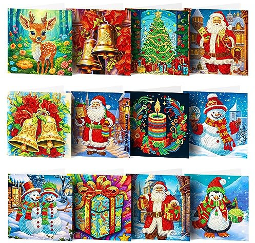 ycyingcheng 5D Diamant Malerei Grußkarten Set DIY, Weihnachtskarten mit Strass Steinen für Anfänger, Handmade Geschenk für Familie & Freunde (15x15cm, 12 Karten + Werkzeug)