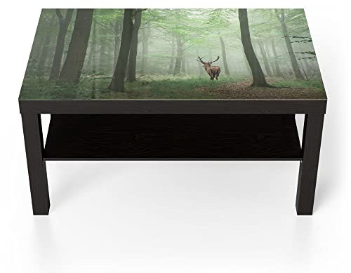 DEQORI Glastisch | schwarz groß 90x50 cm | Motiv Hirsch zwischen Bäumen | ausgefallener Beistelltisch aus Glas | Hochglanz Couchtisch fürs Wohnzimmer | moderner Couch Tisch mit Design