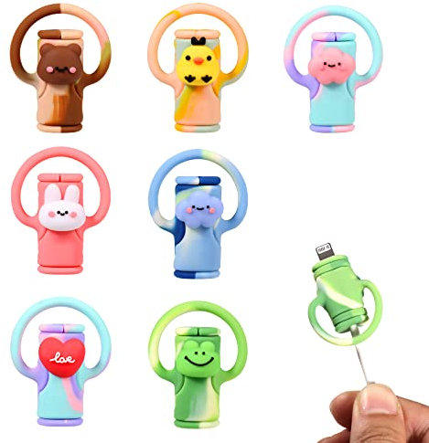 7pcs Data Cable Protector, Silicone Cord Saver Cute Silicone Data Cable Winder 2 In 1 Data Cable Protector Anti-Break Data Cable Protective Cover for the Apple Charging Cable (Cartoon Style)