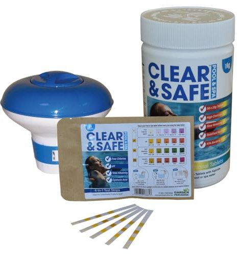 Clear & Safe 1kg Multifunction Chlorine Tablets 50 x 20g Tablets & Floating Dispenser & Pack of 25 4-in-1 Test Strips