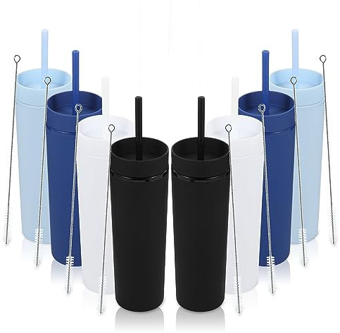 Volhoply Lot de 8 gobelets fins en plastique mat avec couvercle et paille – Gobelet isotherme à double paroi sans BPA – Tasse à café glacé réutilisable – Cadeau personnalisable (assortiment de