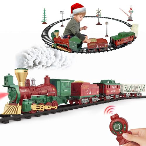Zug-Spielzeug-Set. Dampfeisenbahn auf Schienen mit Fernbedienung, Lichtern und Geräuschen, Kinder im Alter von 3, 4, 5, 6, 7 Jahren und älter