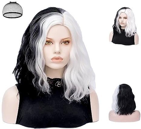 Aomig Synthetik Percke - Mitte Halb Schwarz und Halb Weie Damen Kurz Percke fr Cosplay, Halloween, Karneval, Party