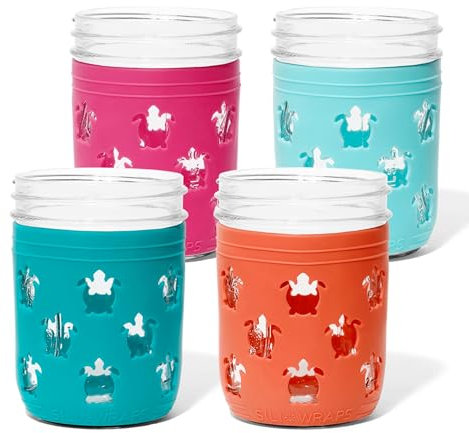 Sili Wraps Silicone Mason Jar Sleeves, Anti-Slip Protector wraps for 16oz Ball and Kerr Regular & Wide Mouth Mason Jars, Decorative & Resistant Jar Jackets, Set of 4 Sleeves, Sea Turtle Juicy Fruit