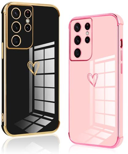Vauki 2 Stück für Samsung Galaxy S21 Ultra 5G Hülle, Silikon Handyhülle Herz Motiv Schutzhülle Kameraschutz Stoßfest Bumper Case für Samsung S21 Ultra 5G - Schwarz und Rosa