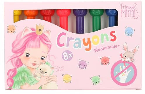 Depesche 12274 Princess Mimi - Wachsmaler mit Katzen-Topper, 8 Wachsmalstifte im Karton-Etui