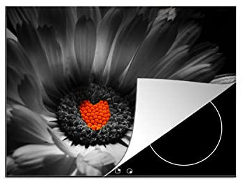 MuchoWow Herdabdeckplatte Ceranfeld Spritzschutz Küche Schwarz-Weiß-Foto einer Ringelblume mit einem roten Herz 59x52 cm Induktionsherd Abdeckung Induktionskochfeld Ceranfeldabdeckung