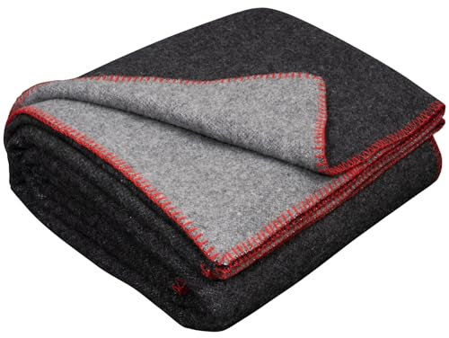 LYHome Merino Decke Wolldecke - Reisedecke Picknickdecke Campingdecke, Militär Kuscheldecke Tagesdecke, Flauschig Schafwolldecke Sofadecke Blanket Outdoor Wohndecke (150x215 cm | Grau - Anthrazit)