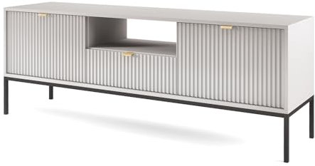 Fernsehschrank Lowboard in grau, Fußgestell schwarz, Griffe goldfarben