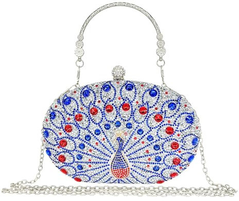 MAIRLOM Clutch-Geldbörse mit Strasssteinen für Damen, Abendveranstaltung, Hochzeit, formell, runder Perlenverschluss, Handtasche, Kristall-Diamant-Tasche, Silber/Blauer Pfau