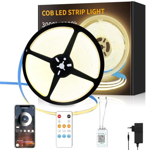 Yeewhale cob Led strip 10m,mit Fernbedienung, APP Steuerung,DC24V 3000k Warmweiß LED band,flexible Dimmbar COB LED Streifen, anwendbar auf Schlafzimmer, Raum,Schrank,DIY Dekoration