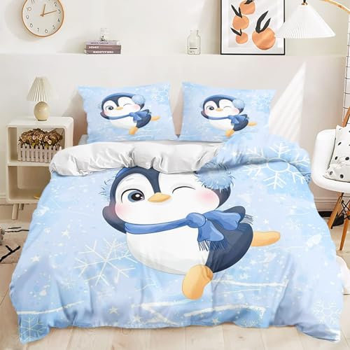 KIDSLOVE Pinguin Bettwäsche 135x200 Süße Tiere Pinguin Bettwäsche Set Für Kinder, Lustiger Pinguin Bettbezug Set Weiche Mikrofaser Mit Kissenbezüge (2,135 X 200 cm 50 x 75 x 1)