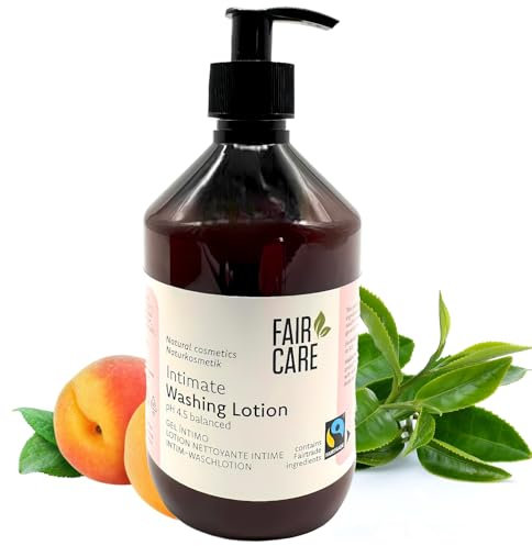 FAIR CARE Intim Waschlotion 475 ml - pH-Wert 4,5 - Fairtrade Intimpflege für sensitive Haut - Mit Aprikosenkernöl und Grüntee