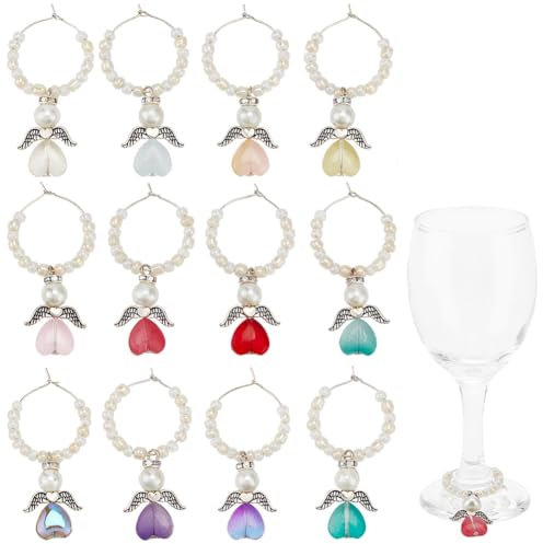 SUNNYCLUE 12Pcs Bead Wine Charms Wine Glass Charms Rings Alloy Colorful Angel Wine Charm Drink Identifier Marker Tags for Stem Glasses Wedding Valentines Day Drinks Wine Tasting Party Decorations