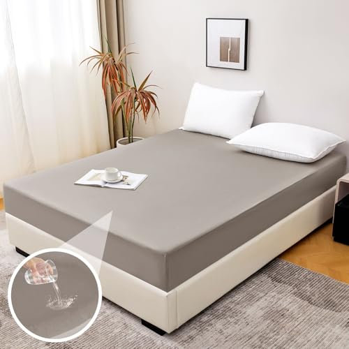 Aisprts Spannbettlaken 200x200cm Wasserdichtes Bettlaken mit Rundumgummi rutschfeste Spannbetttücher Atmungsaktiver Matratzenschoner Inkontinenz Spannbettlaken Höhe bis 30 cm, Hellgrau