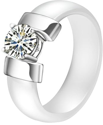 Epinki 6MM Verlobungsring Männer, Klassiker Ehering Frau Damen Herren, Keramik Eheringe Nordisch mit Zirkonia, Weiß Silber, Gr.54 (17.2)