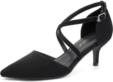 Greatonu Womens Ladies Pointed Toe Court Shoes Cross Strap Kitten Mid Low Heel Wedding Bridal Pumps Black UK 6.5
