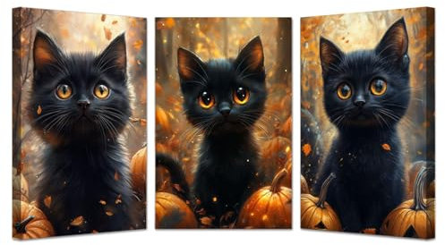 JOSUE 3 Teilig Orange, schwarz Halloween Bilder Leinwand Modern, Tierische Kürbisse Bild Wandbilder Wohnzimmer Schlafzimmer Wanddeko-50x70cmx3 Gerahmt