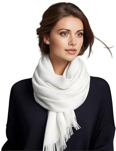 LA FERANI Damen Kaschmir dünn Schal Herbst Winter 185x65 Weiss Kaschmirschal Pashmina Tuch Wollschal Wolle Uni Farbe Damenschal Geschenk für Sie (Weiß)