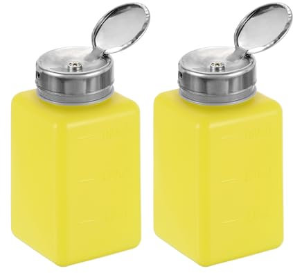 HARFINGTON 2pcs Solvent Alcohol Dispenser 180ml(6.1oz) Nail Polish Remover Push Down Liquid Dispenser Pump Bottle with Stainless Steel Press Head for Acetone Cleanser Polish Remover, Yellow