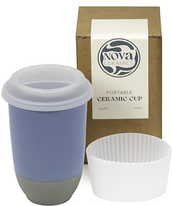 NOVA Ceramics Travel Mug - Ceramic Coffee Mug with Lid – Microwave & Dishwasher Safe Coffee White & Grey Tumbler - Fits in Cup Holder – 12oz – Coastal Drift