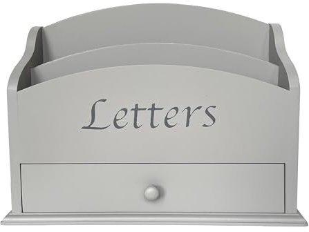 Wooden Letter Rack. Home office, study, hallway study. Two compartments for letters and handy drawer for stationary storage. Vintage/contemporary Letters text (light grey)