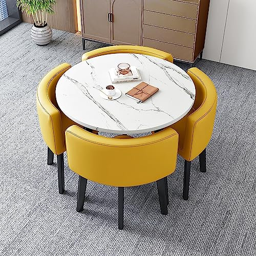 SFSLBFB Esstisch-Set für Büro, Business-Couchtisch, Bürotisch und Stuhl-Set, Freizeitbereich, Heimbalkon, Kleiner runder Tisch, 1 Tisch und 4 Stühle (Farbe: Gelb)
