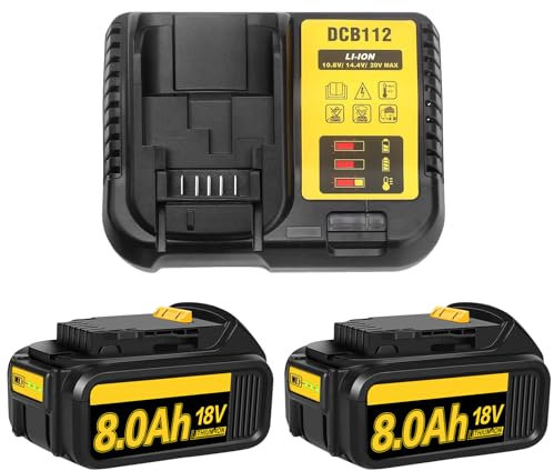 2Pack 8.0Ah 18V Replacement for Dewalt 18V battery Compatible with Dewalt Battery and Charger + DCB112 Charger DCB180 DCB181 DCB-182 DCB-183 DCB-184B-XJ DCB185 DCB200