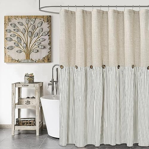 DOSLY IDÉES Rideau de douche en lin et coton - Style maison de campagne - Rayures crème et gris - Boutons, tissu tissé plissé - 180 x 180 cm