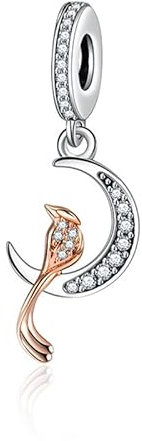LMLMECREA Vogel auf Mond Charms Anhänger - 925 Sterling Silber Tiere Anhänger für Europäische Armbänder & Ketten | Schmuckgeschenk für Damen
