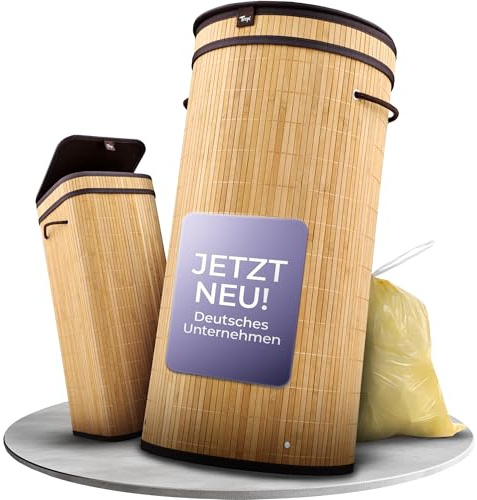 Tropi® Bambus Müllsackständer für Gelbe Säcke 80L mit Deckel, rund | Rückenschonende 72 cm · Beutel bleibt unsichtbar · geruchsdicht · innen beschichtet · rutschfeste Halterung