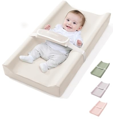 COMOMY Wedge Anti Roll Vegan Leather Baby Changing Mat, Waterproof, Beige | Wipeable Nappy Changing Pad with Soft PU Cover, Built-in Safety Straps, Anti-Slip Base for Dresser and Table, 80x40cm