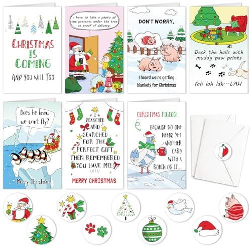 DPKOW Funny Christmas Cards Pack, 9 Style Humorous Christmas Greeting Card with Envelope Sticker, Xmas Gift Cards and 16 Sealing Stickers, Blank Inner