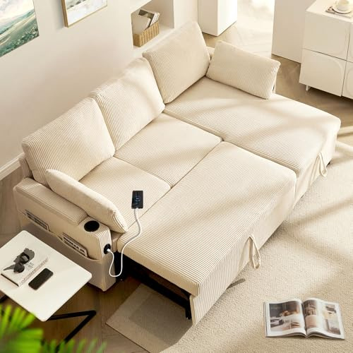 LEMROE Sofa Bed Sleeper with Storage & Pull Out Bed,L-Shaped Corduroy Beige | Convertible Corner Couch with Storage Chaise & Lift-Top Armrest, USB Ports and Cup Holders, 3-Seater Right-Hand Chaise