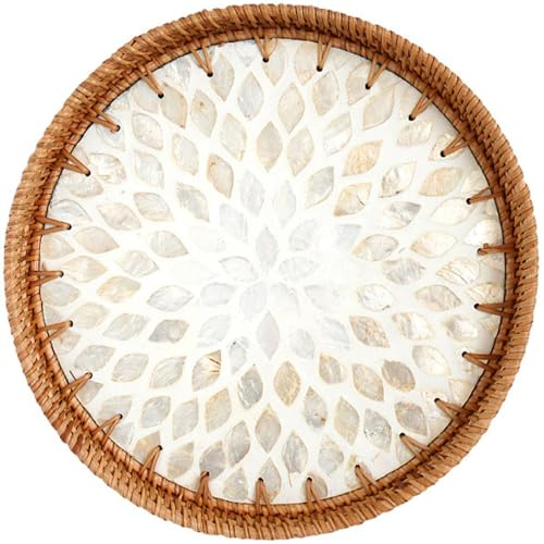 Bandeja Redonda de Mimbre, 12 bandejas de Mimbre rústicas para Servir, Decorativas para Almacenamiento y exhibición, Mesa de Centro con Incrustaciones de nácar, para Servir café, Pan, Comida, FRU.