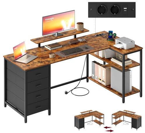 VASAGLE L-förmiger Eckschreibtisch mit Steckdosen, 4 Schubladen | Computertisch, 160 x 80 cm, beidseitig montierbar, verstellbare Ablagen, 2 USB-Anschlüsse, BARNET Kollektion LWD173KD01