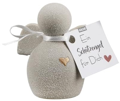 CULT at home Deko Engel Figur klein mit Herz - Schutzengel Figur aus Keramik – Kleiner Engel Geschenke für Frauen Taufe Kommunion Hochzeit Glücksengel - Farbe: Grau Höhe 13,5 cm