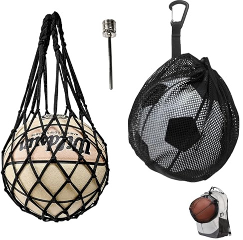 LEOINAER Sacca Porta Pallone 2 Pezzi con Rete e Tasca, Borsa Zaino per Basket Calcio Pallavolo e Palla Ovale, in Tessuto Oxford con Gancio e Ago per Gonfiaggio, per Allenamento Spiaggia Piscina