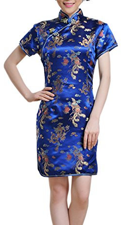 LUCK Femme Robe Chinoise Cheongsam Qipao Manches Courtes Moulante en Brocart (EU 34-Tag S, Bleu)