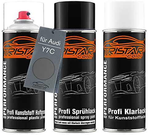 TRISTARcolor Autolack Spraydosen Set für Kunststoff Stoßstange für Audi Y7C Nardograu Haftgrund Basislack Klarlack mit Weichmacher Sprühdose