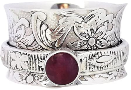 Floral Textured Ruby Ring, Meditation Ring, Anti Anxiety Ring, Sterling Silver Ring, Spinner Ring, Gemstone Ring, Chunky Ring, Handmade Gift Ring