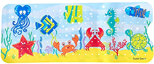 Scarlet Gem Extra Long Non-Slip Bath Mat for Kids & Toddlers (100x40cm) – Anti-Mould Bathtub & Shower Mat for Tubs – Fun Under the Sea Baby Bath Mat with 200+ Suction Cups – Machine Washable