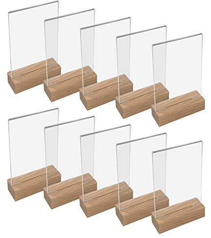 HMF 46940 Acryl Tischaufsteller mit Holzfuß | 10 Stück | DIN A6 Hochformat | Glasklar