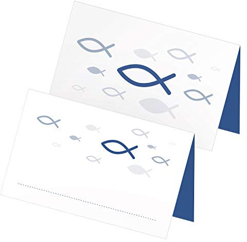 itenga 24 x Tischkarten Platzkarten Namensschild Fisch Kommunion Taufe Konfirmation Jungen Mädchen (weiß blau)