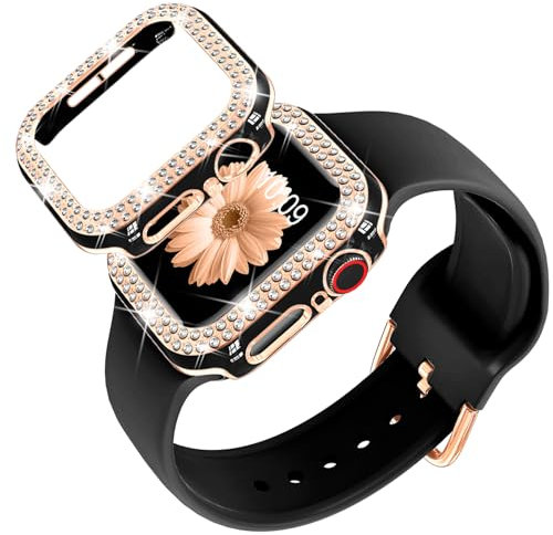 DABAOZA Kompatibel mit Apple Watch-Armbändern, 44 mm, mit Bumper, glitzernd, Silikon, weich, bequem, für iWatch SE Ultra 3, 2, Serie 11, 10, 9, 8, 7, 6, 5, 4, 3, 2, 1 (Schwarz, Roségold, Größe 44)