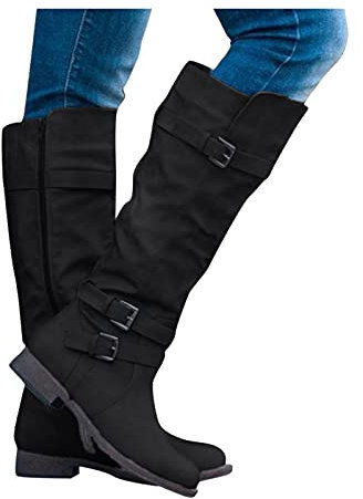 Langschaftstiefel Damen Hohe Stiefel Warme Schneestiefel Winter Schuhe Winterschuhe Reitstiefel Niedrige mit Absatz Beiläufige Schnalle Langschaft Kniehohe Lange Boots Stiefel Schuhe