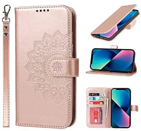 ELTEKER Handyhülle iPhone 13, Hülle für iPhone 13 Klapphülle, [3 Kartenfächer] [Magnet Verschluss] Leder Eleganter Prägung schutzhülle Klapphülle Ledertasche Hülle für iPhone 13, Roségold